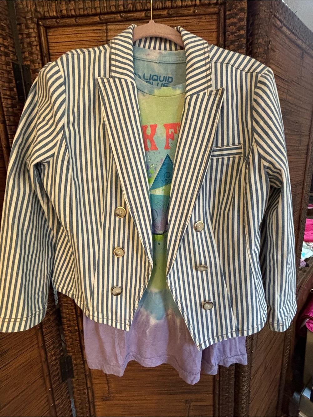 Striped Light Blue Cropped Double-Breasted Blazer - Picture 6 of 8